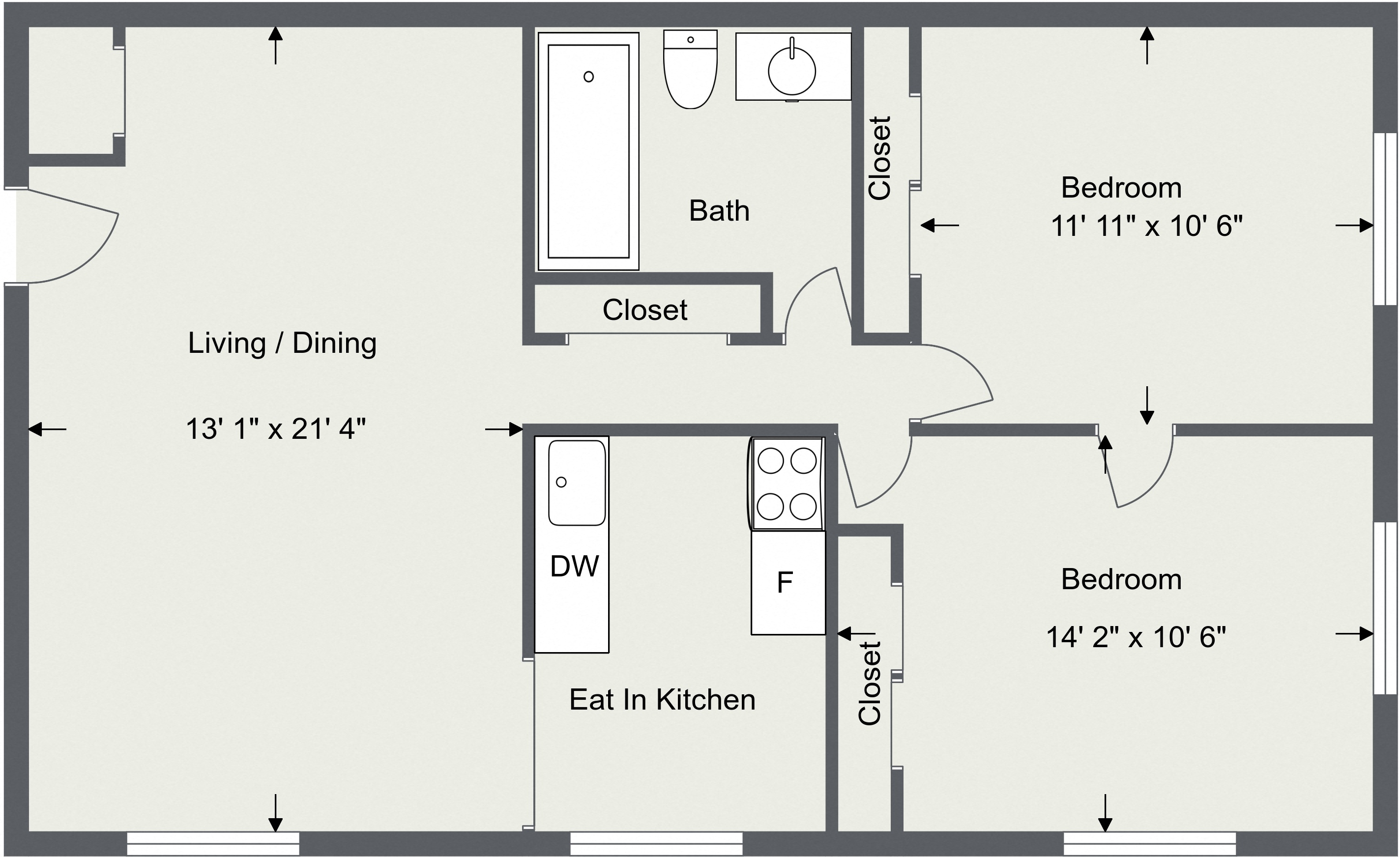 Floor plan for 2 beds, 1 bath, 750 sqft